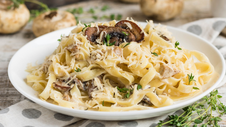 Mushroom fettuccini alfredo pasta on a white dish