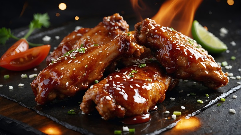 Pieces of glazed chicken topped with sesame seeds