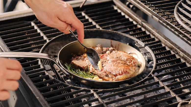 cooking steak in carbon steel pan 