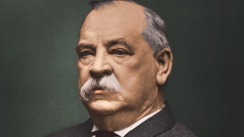 President Grover Cleveland against a dark green background in colorized photo