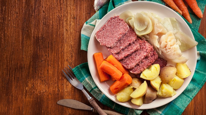 Boiled corned beef, cabbage, carrots, potatoes