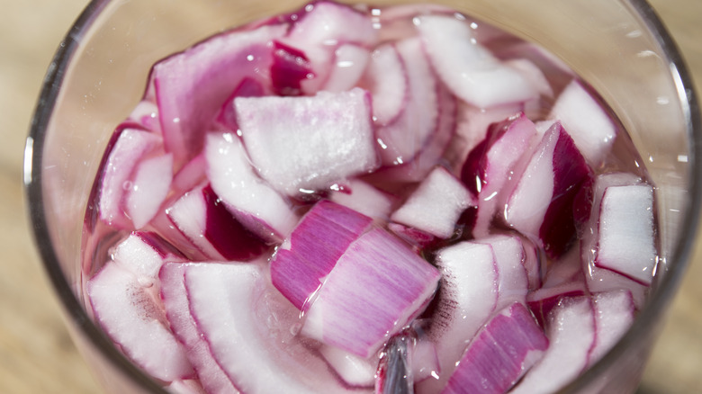 Chopped onions soaking in water