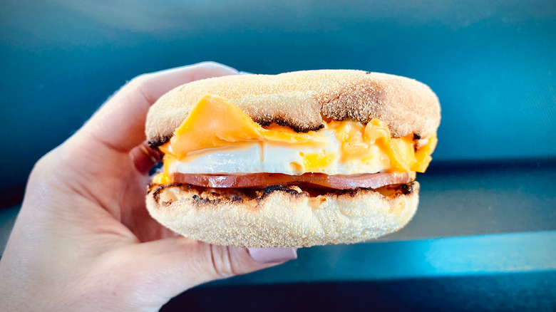 A person holds a McDonald's Egg McMuffin with cheese