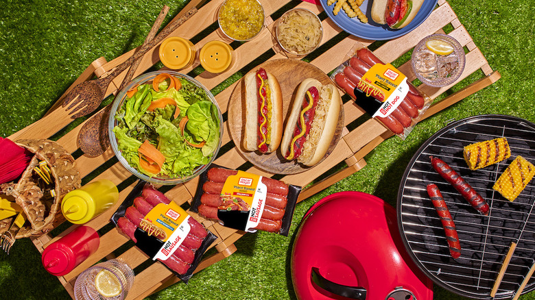 Barbecue table setting with new meatless hot dogs