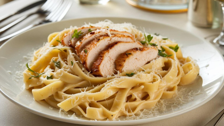 A bowl of creamy chicken Alfredo pasta.