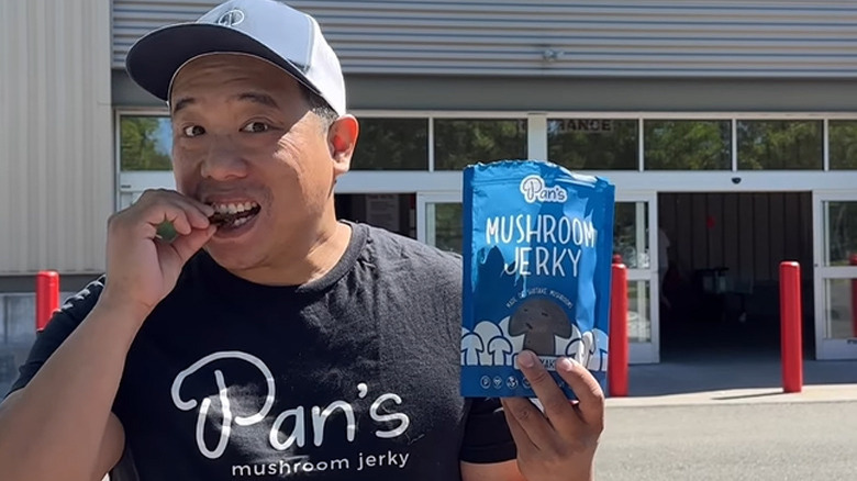 Eating mushroom jerky at Costco