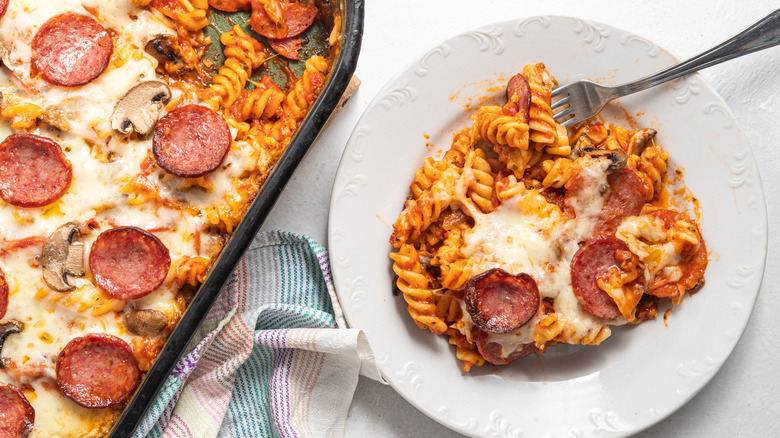 Pepperoni Pizza Pasta Bake served on plate