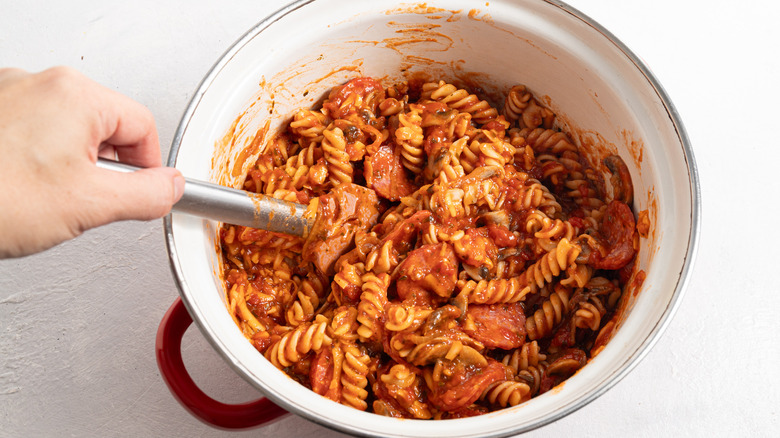 fusilli pasta with tomato sauce and pepperoni