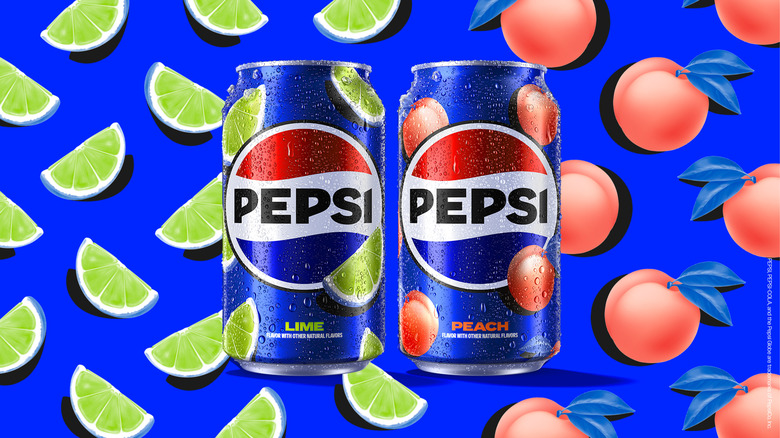 Two cans of new Pepsi fruit flavors peach and lime