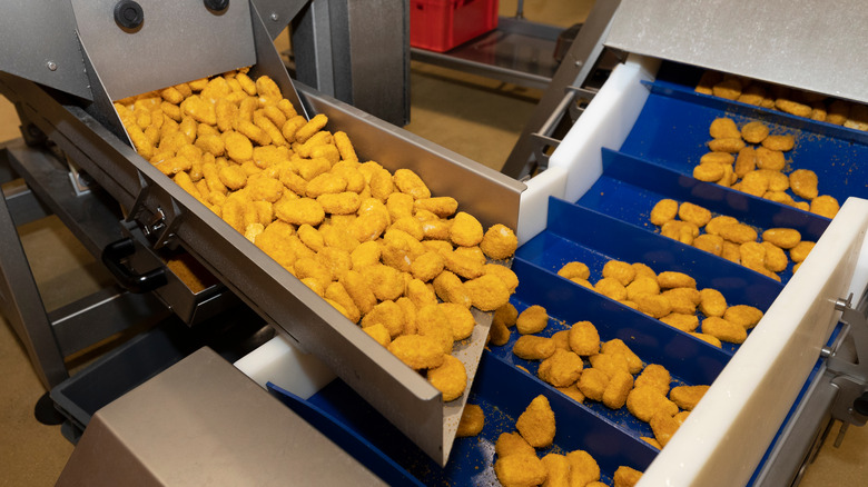 Chicken nuggets in factory production line