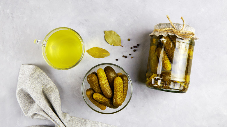 Jars of pickle with pickle brine