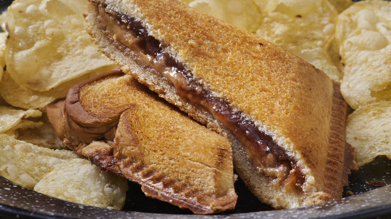 grilled peanut butter and jelly sandwich with potato chips