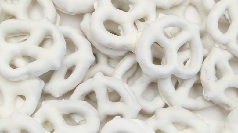 Close up of yogurt covered pretzels