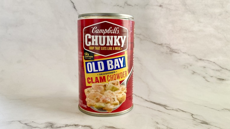 Campbell's Chunky Old Bay Seasoned Clam Chowder soup can on counter