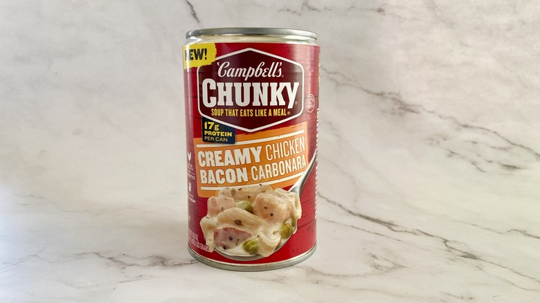 Campbell's Chunky Creamy Chicken Bacon Carbonara soup can on counter