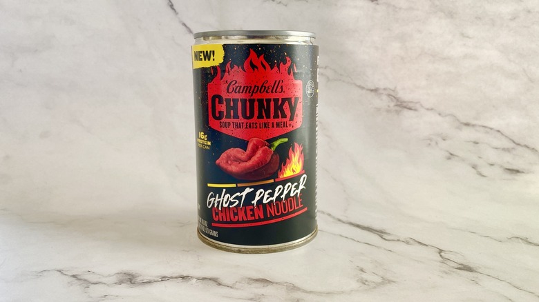 Campbell's Chunky Ghost Pepper Chicken Noodle soup can on counter