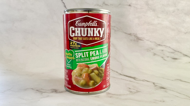 Campbell's Chunky Split Pea & Ham soup can on counter