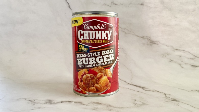 Campbell's Chunky Texas-Style BBQ Burger soup can on counter