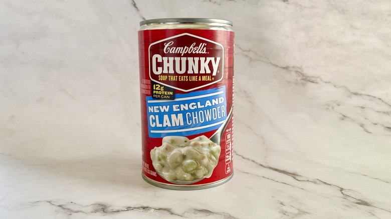 Campbell's Chunky New England Clam Chowder soup can on counter