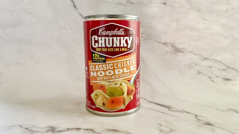 Campbell's Chunky Classic Chicken Noodle soup can on counter