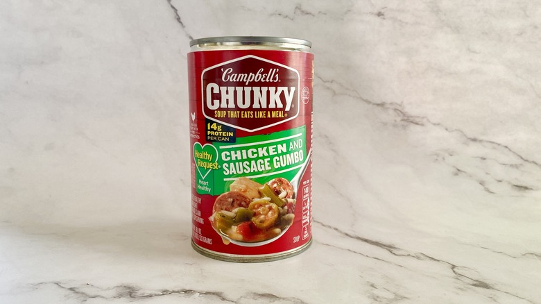 Campbell's Chunky Chicken and Sausage Gumbo soup can on counter