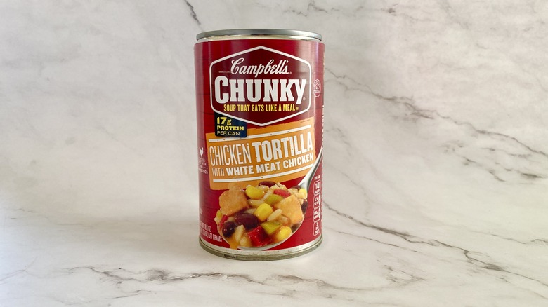 Campbell's Chunky Chicken Tortilla soup can on counter