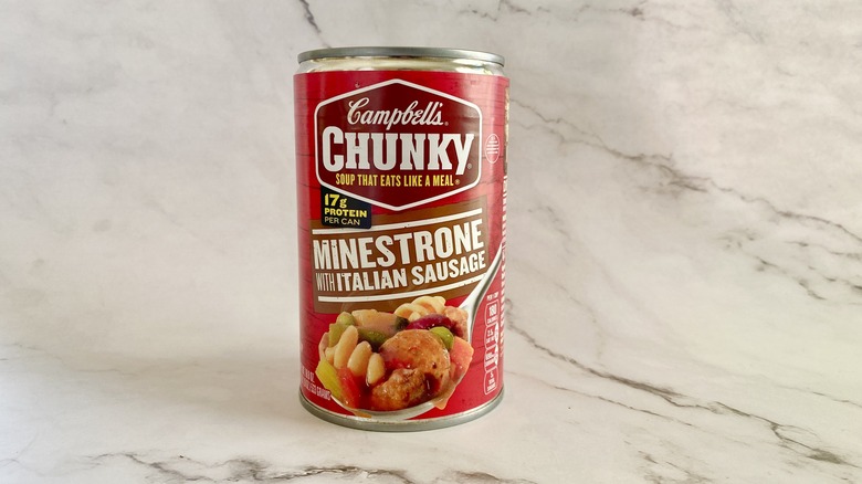 Campbell's Chunky Minestrone with Italian Sausage soup can on counter