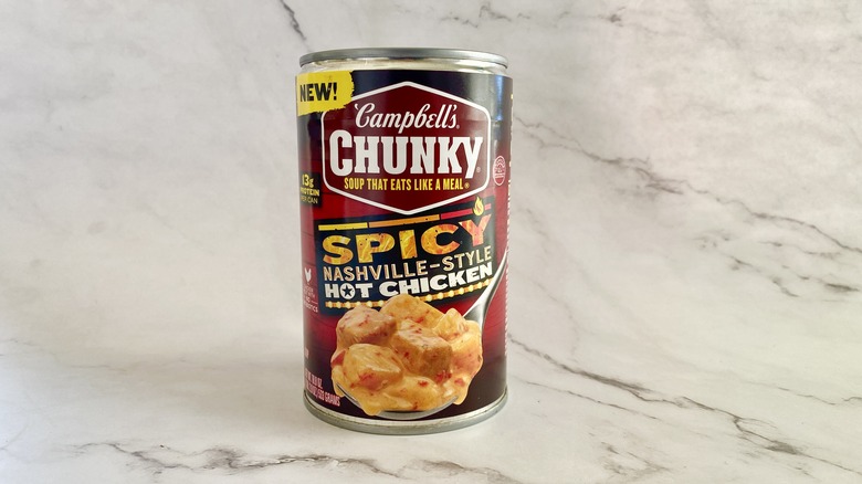 Campbell's Chunky Spicy Nashville-Style Hot Chicken soup can on counter