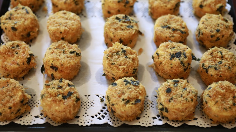 a tray of pork floss cake or xiao bei