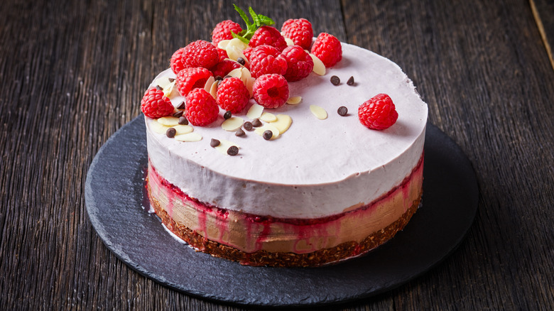 Homemade raspberry ice cream cake on a plate