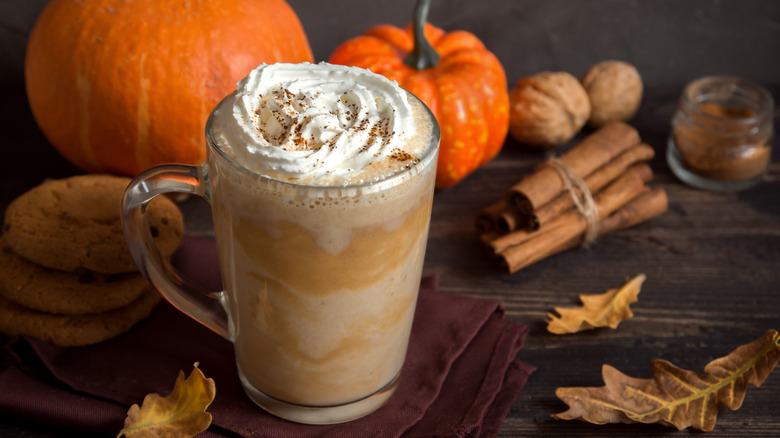 Pumpkin spice latte with fall decor