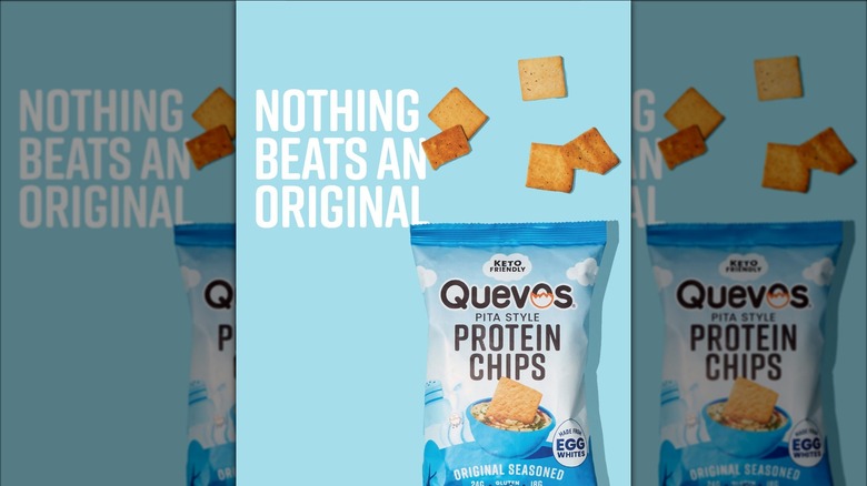 A promotional image of Quevos protein chips