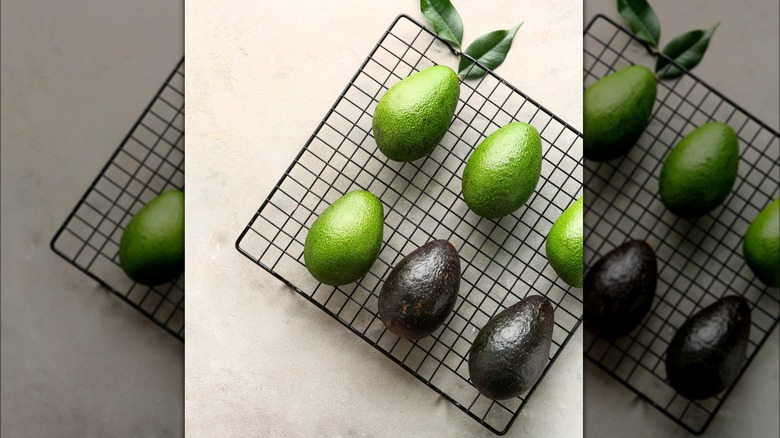 Ripe and unripe avocados on a wire cooling rack