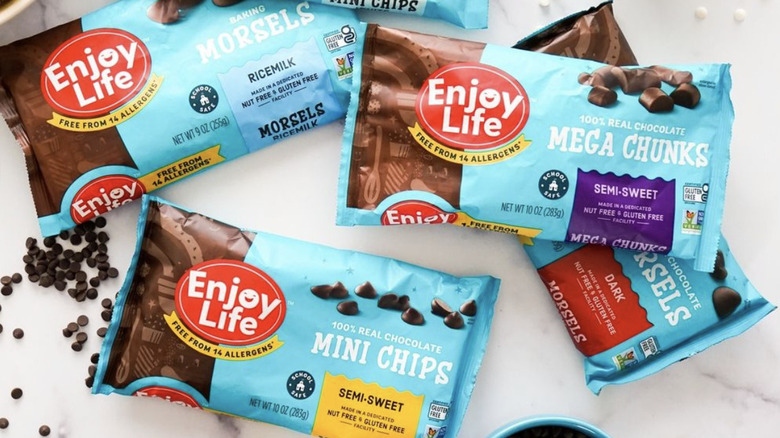 Bags of Enjoy Life Foods Chocolate Chips on tabletop