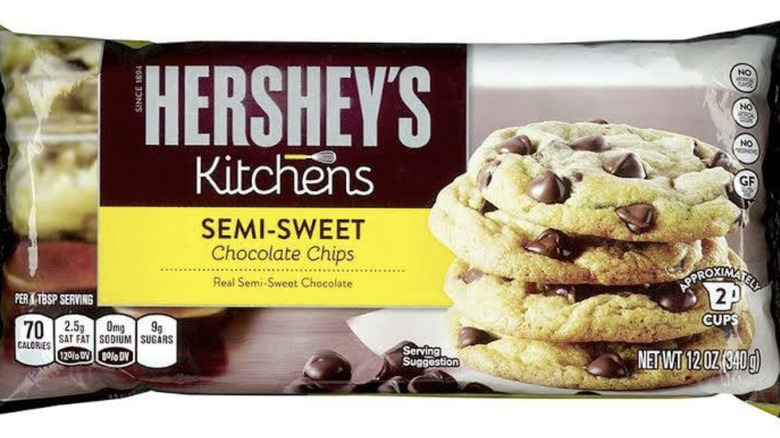 Bag of Hershey's Kitchens Semi-Sweet Chocolate Chips on white background