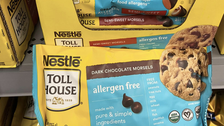 Bag of Nestle Toll House Allergen Free Dark Chocolate Morsels in grocery store