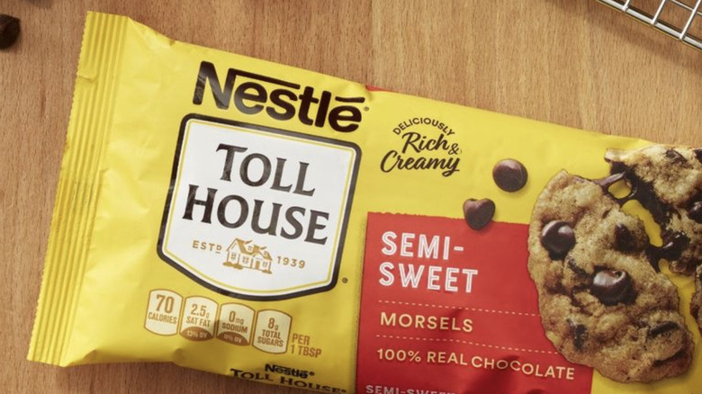 Bag of Nestle Toll House Semi-Sweet Morsels on wooden table