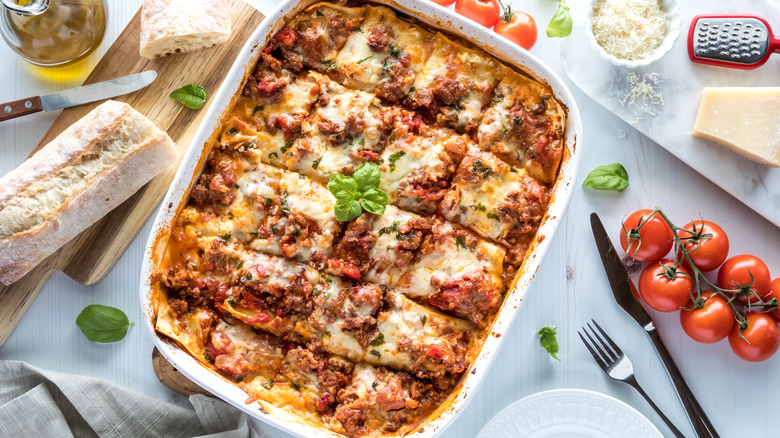 Dish of homemade cheesy lasagna