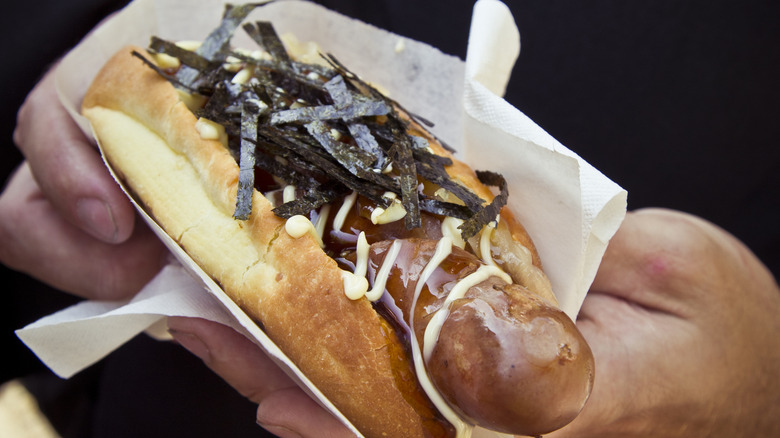 Japanese-style hot dog with mayo and seaweed