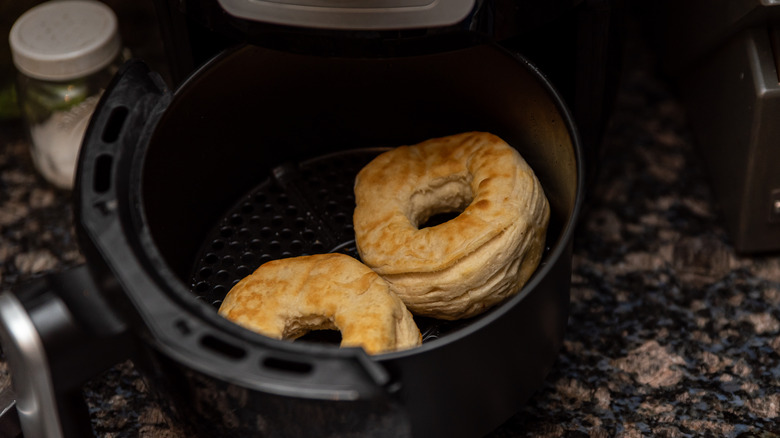 Donuts in a black air fryer drawer