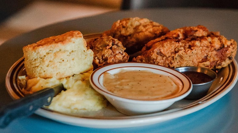 Plate of Steuben's fried chicken with gravy, biscuit, and mashed potatoes