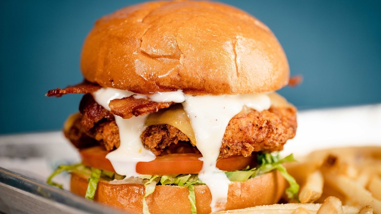 Fried chicken sandwich with bacon and sauce on brioche bun