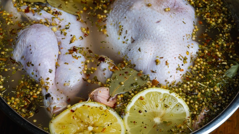 Raw chicken soaking in brine with lots of spices and lemon slices