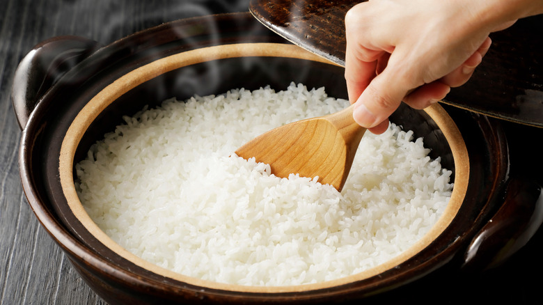 Cooked white rice in pot