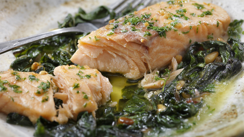 poached salmon with greens and butter