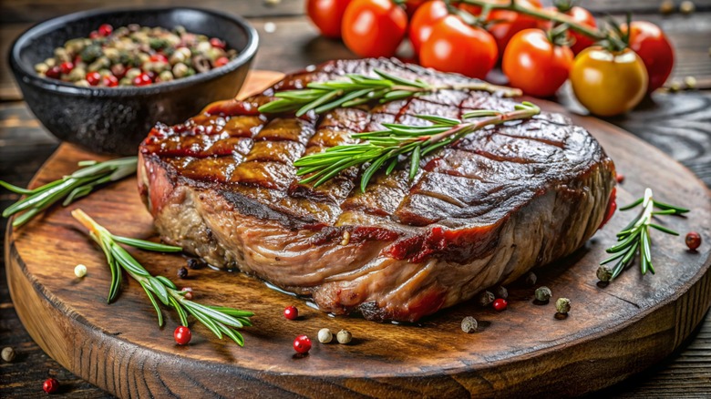 grilled steak topped with rosemary sprigs on a wooden board