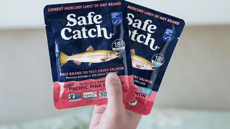 Two packets of Safe Catch salmon.