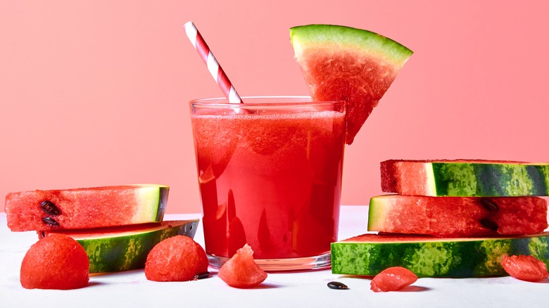 Assorted watermelon pieces and juice