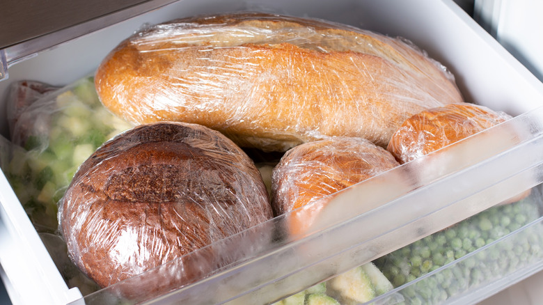 Several bread loaves in freezer