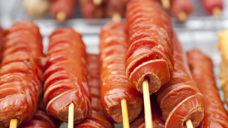 spiral cut hot dogs on a stick